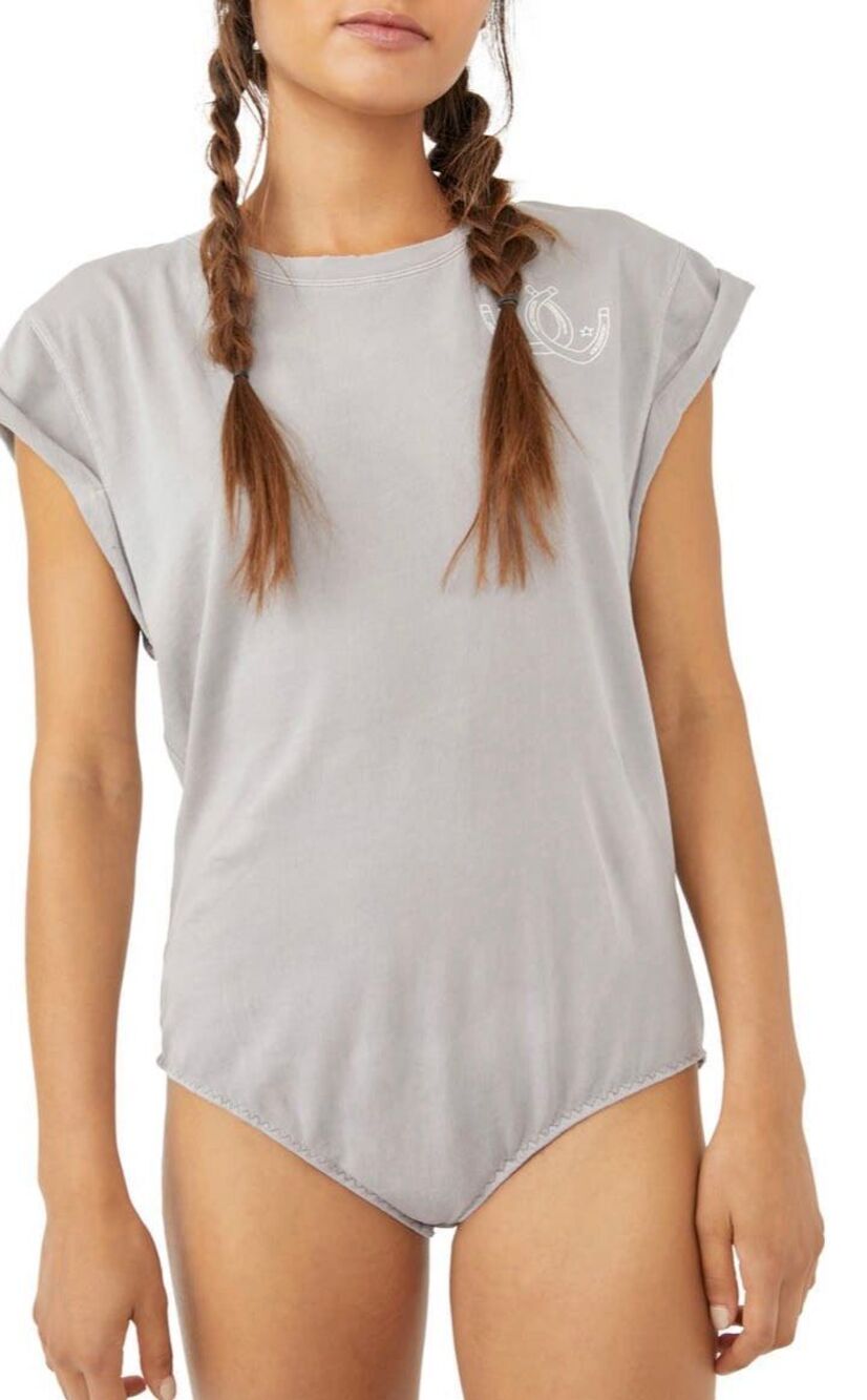 Free People Go To Graphic Bodysuit in Heather Grey NWT Size XS